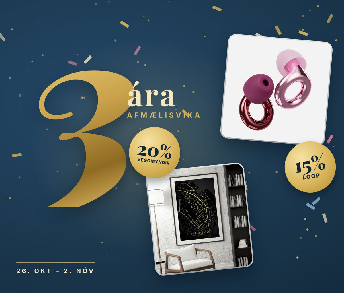 HTL á 3 ára afmæli – 15% af Loop og 20% af veggmyndum, 26. okt til 2. nóv